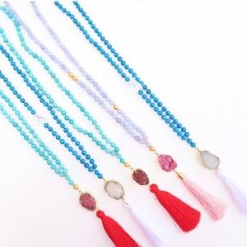 Sacred Druzy Blue & White tassel necklace